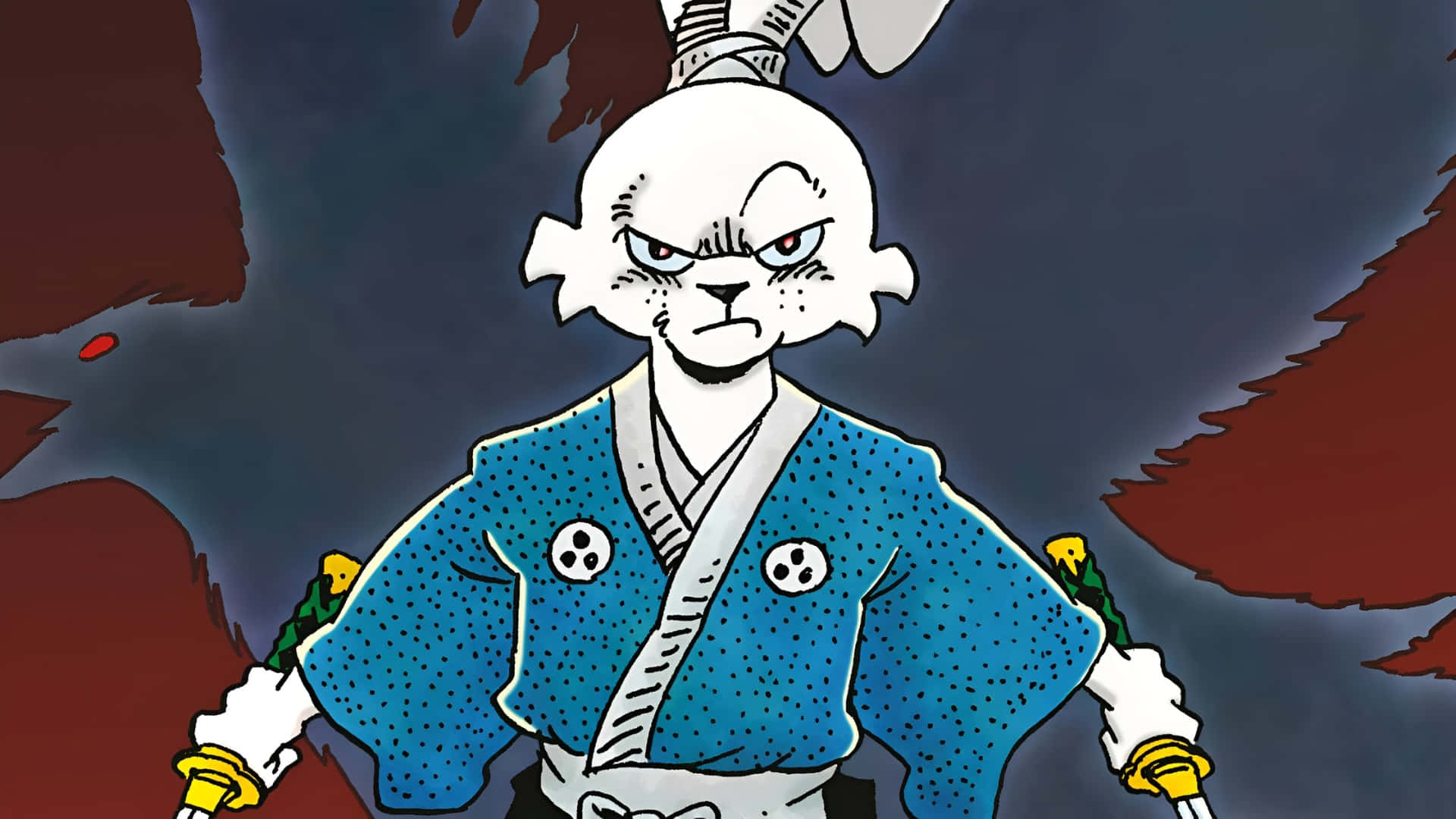  壁紙 — 一隻穿著藍色和服的白色兔子武士插圖，在黑暗暴風雨背景下手持兩把劍。