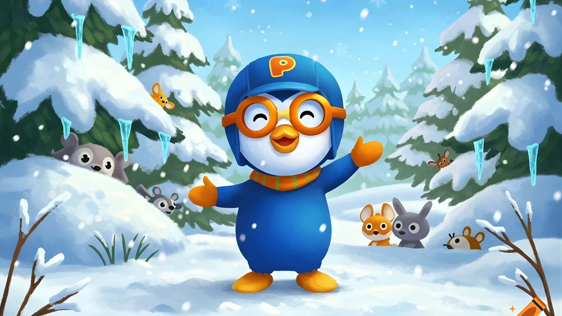 壁紙 — 一隻戴著冬帽和護目鏡的快樂藍色企鵝，愉快地站在雪地森林中，頑皮的動物們從雪堆中探出頭來。