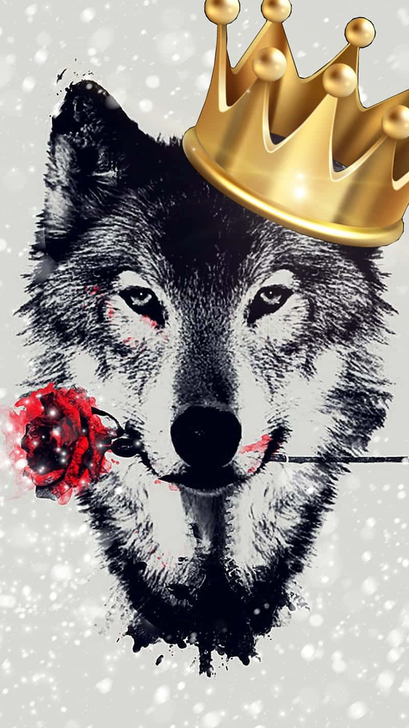  壁紙 — 一隻戴著金色皇冠的威嚴狼，在雪景背景下拿著鮮豔的紅玫瑰，並帶有藝術墨水飛濺效果。
