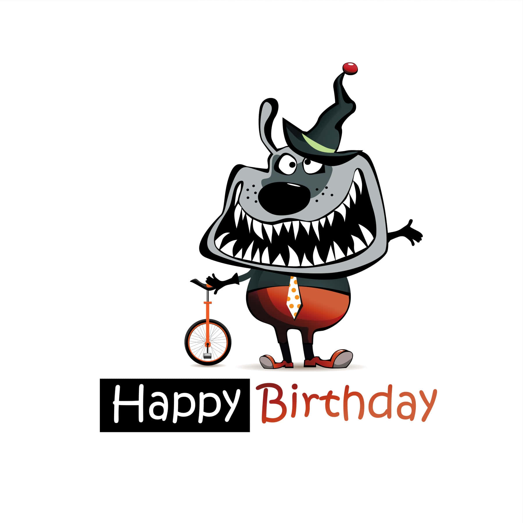  壁紙 — 一隻戴著小丑帽和領帶的卡通狗，在「Happy Birthday」文字旁邊拿著獨輪車。