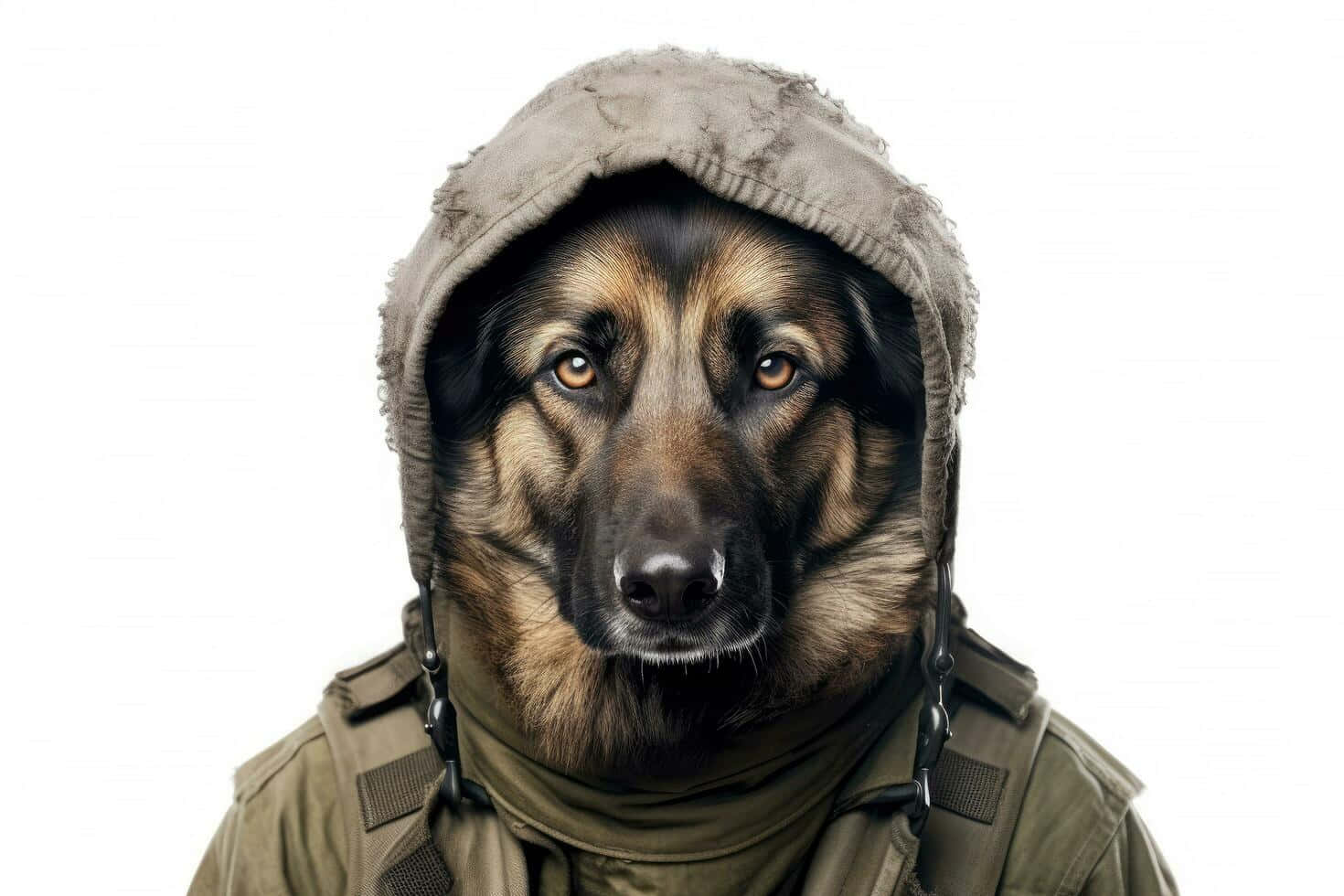  壁紙 — 一隻德國牧羊犬穿著破舊的軍用連帽衫和外套，背景是純白色。