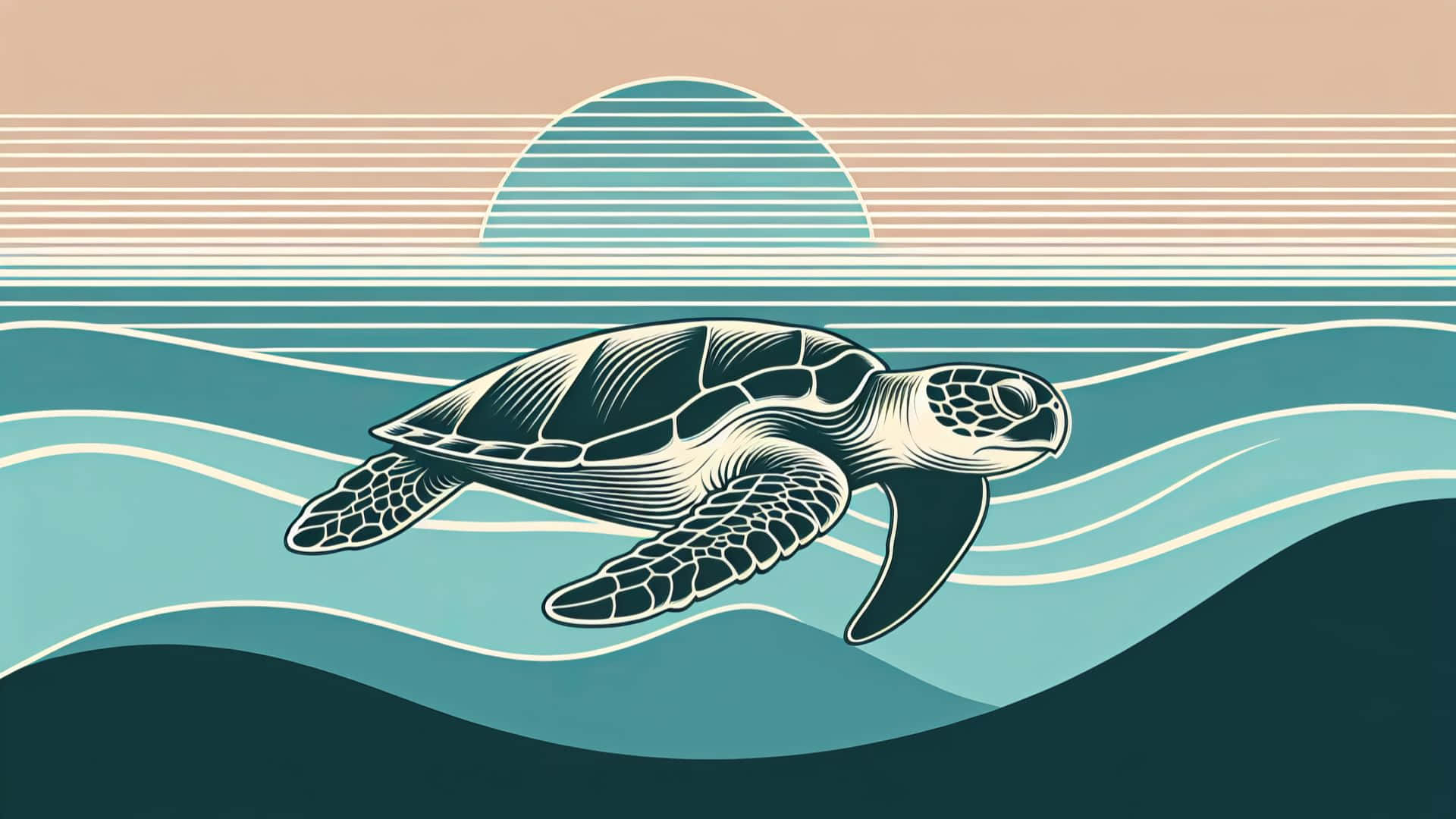  壁紙 — 一隻風格化的海龜在層疊的海浪中滑行，下方是條紋太陽以粉彩調色落下。