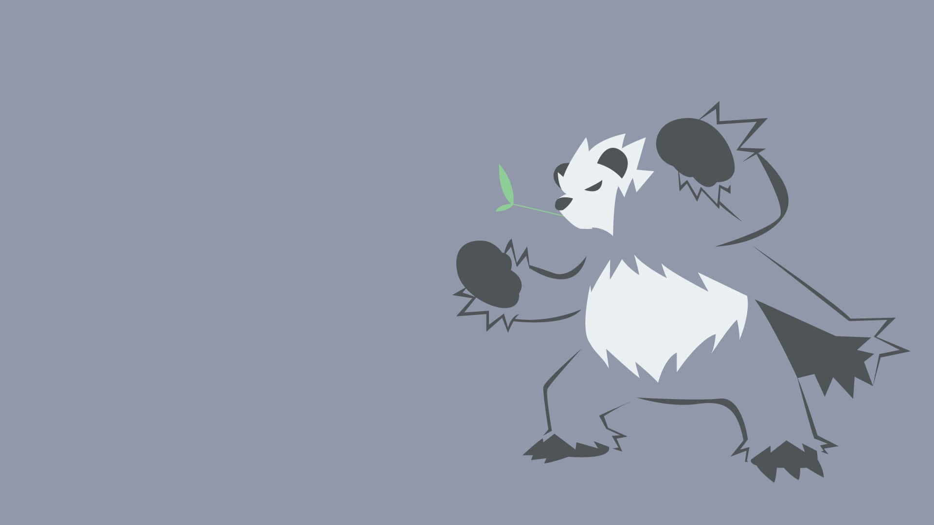 Minimalist Animal 桌布 壁紙 — 一隻風格化的卡通熊貓，黑白毛色，在柔和的灰色背景上拿著一片綠葉。