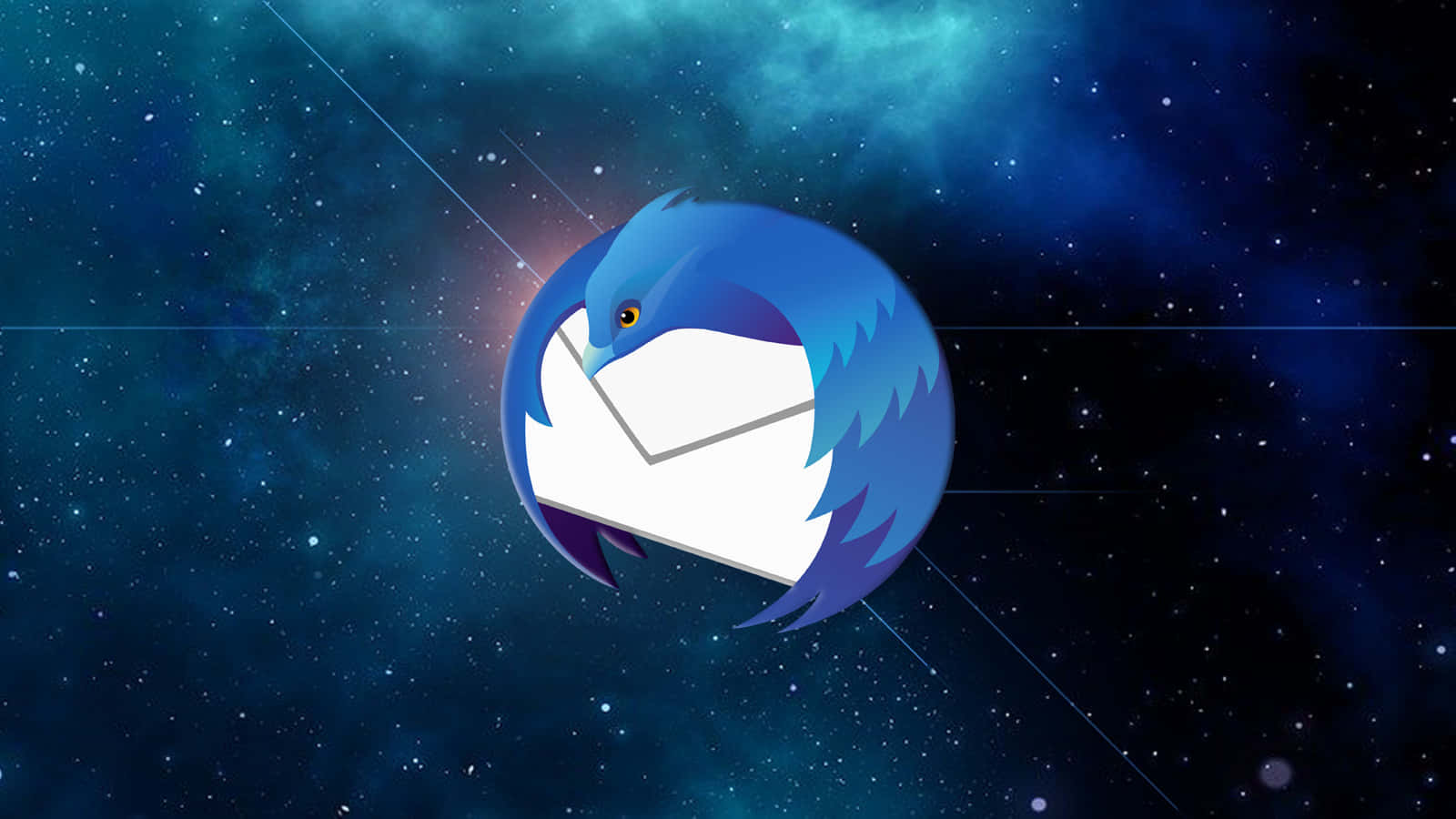  壁紙 — 一隻風格化的藍鳥在星光閃爍的宇宙背景中拿著一個白色信封，背景有發光的星雲。