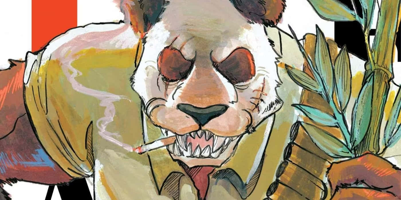  壁紙 — 一隻風格化的擬人化熊貓，紅眼睛，抽著煙，手持竹枝，背景為大膽的條紋。