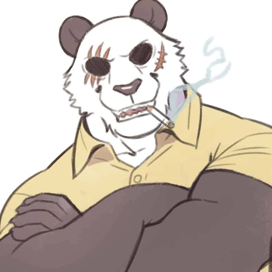  壁紙 — 一隻風格化的熊貓，眼睛縫合，穿著黃色襯衫，在純白色背景前抽煙。