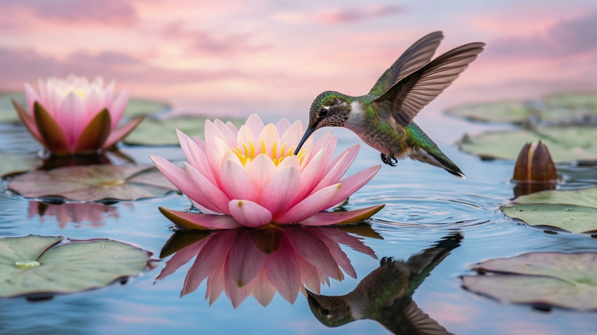 蜂鳥在粉紅色睡蓮上空盤旋，池塘中映出倒影，日落時分