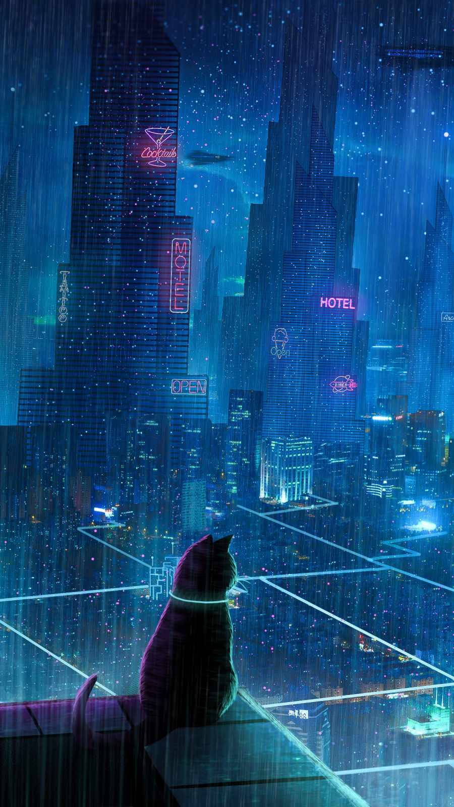 一隻貓在夜晚透過雨水觀看發光的未來城市。