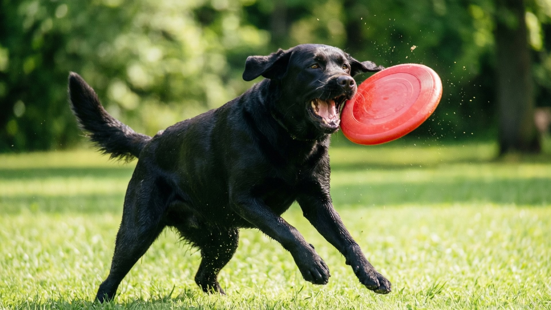 Frisbee Frenzy 壁紙 — 一隻黑色拉布拉多尋回犬在陽光普照的草地上跳躍，以歡樂的能量在半空中接住一個鮮紅色的飛盤。