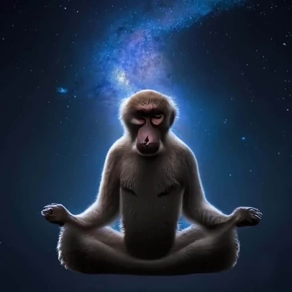  壁紙 — 一隻猴子在宇宙環境中平靜地冥想，身後有發光的銀河。