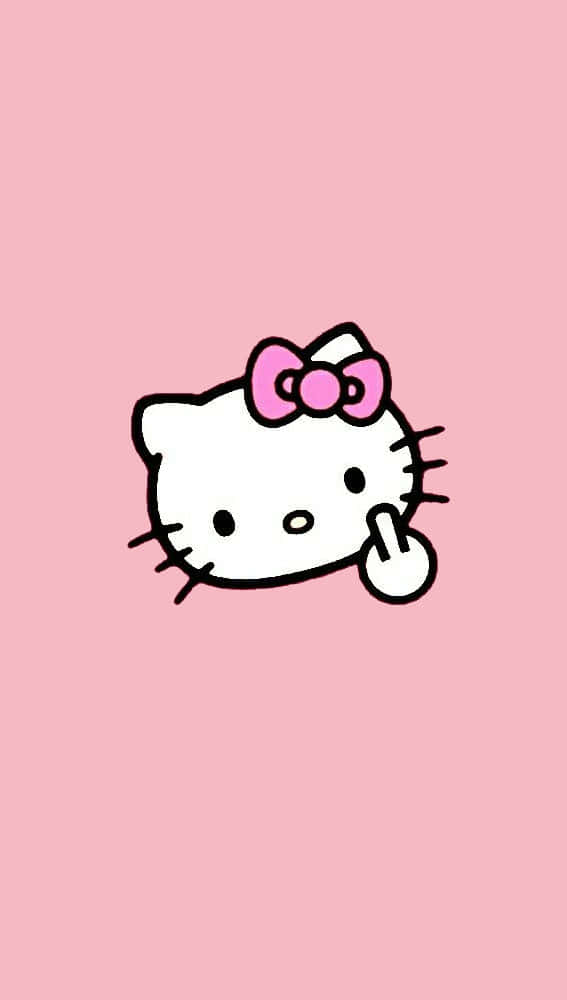 Kawaii Hello Kitty 桌布 壁紙 — 一隻極簡卡通貓，帶有粉紅色蝴蝶結和手指手勢，背景為純粉紅色。
