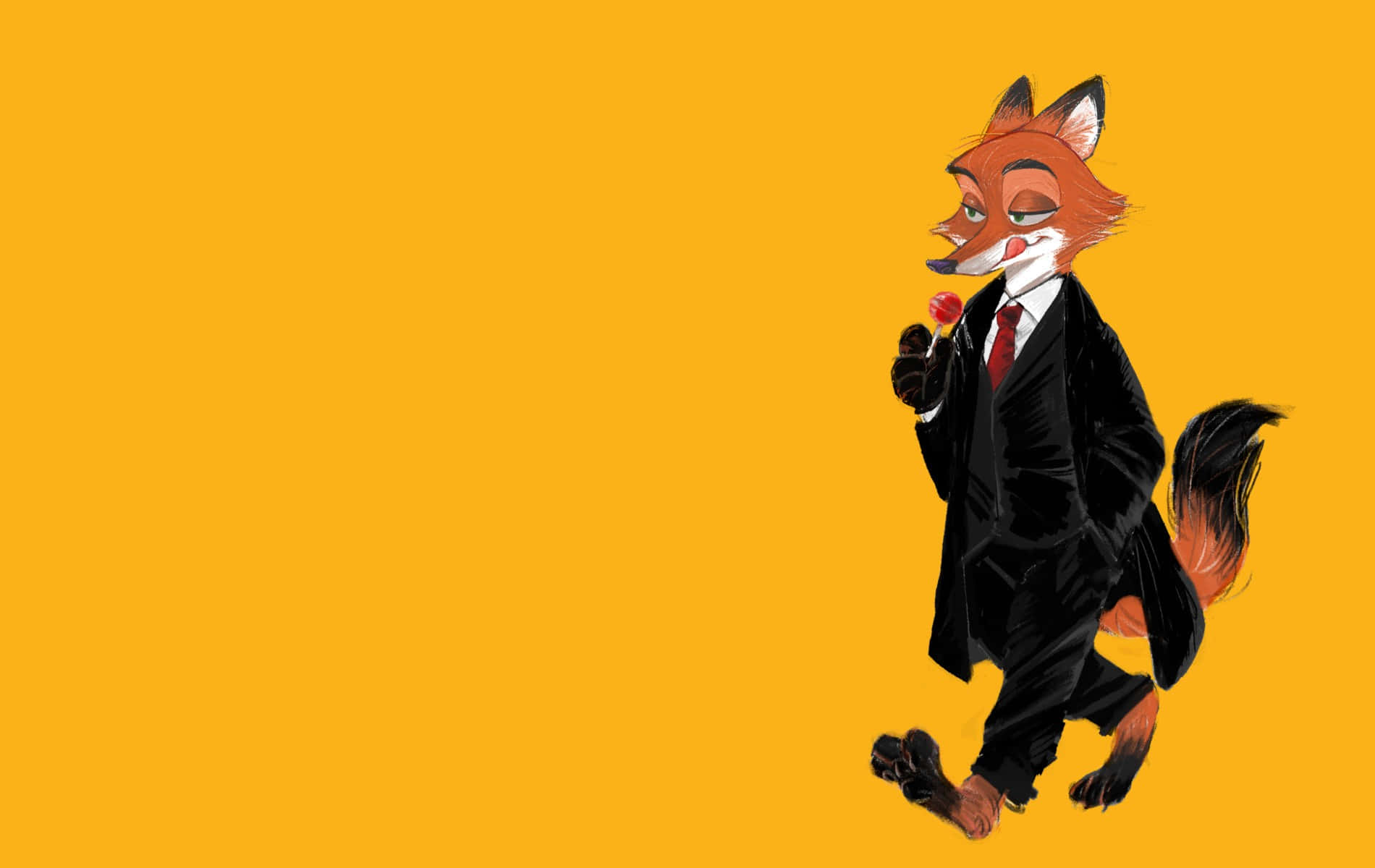  壁紙 — 一隻狡猾擬人化的狐狸，身穿黑色西裝和紅色領帶，在純橙色背景前拿著棒棒糖。