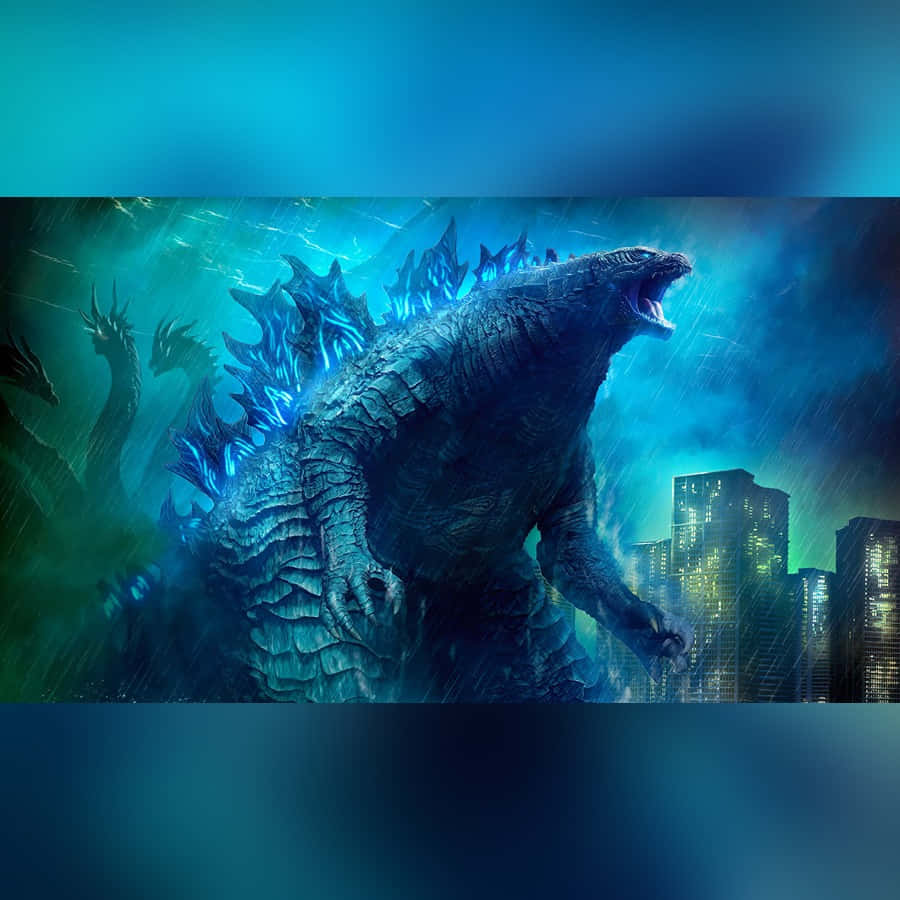 Godzilla City Destruction 桌布 壁紙 — 一隻巨大的哥斯拉在雨中的城市景觀中咆哮，背景有發光的藍色背鰭和高聳的摩天大樓。