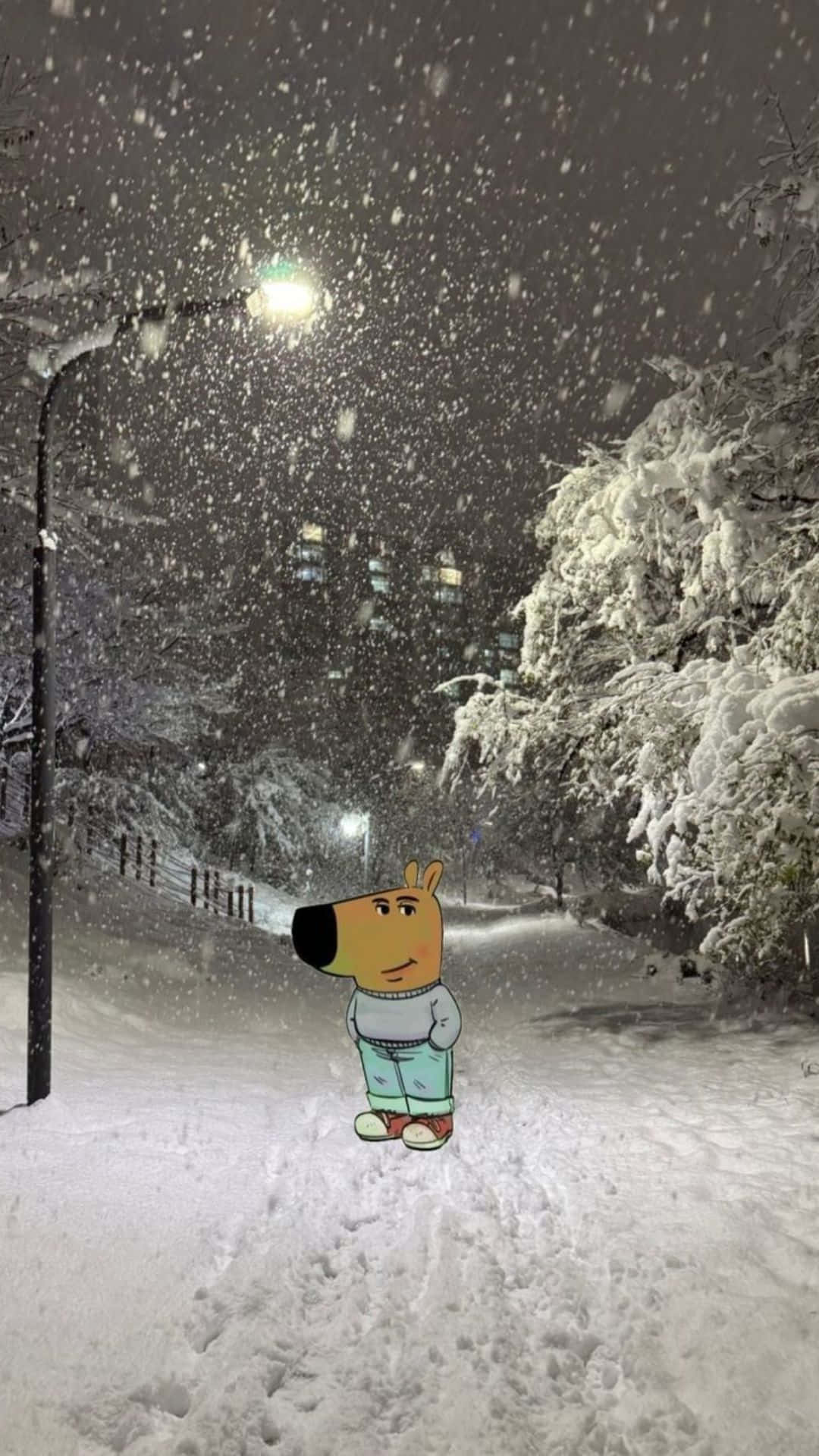  壁紙 — 一隻卡通狗獨自站在積雪的小路上，路燈下，夜晚寧靜的城市公園裡大雪紛飛。
