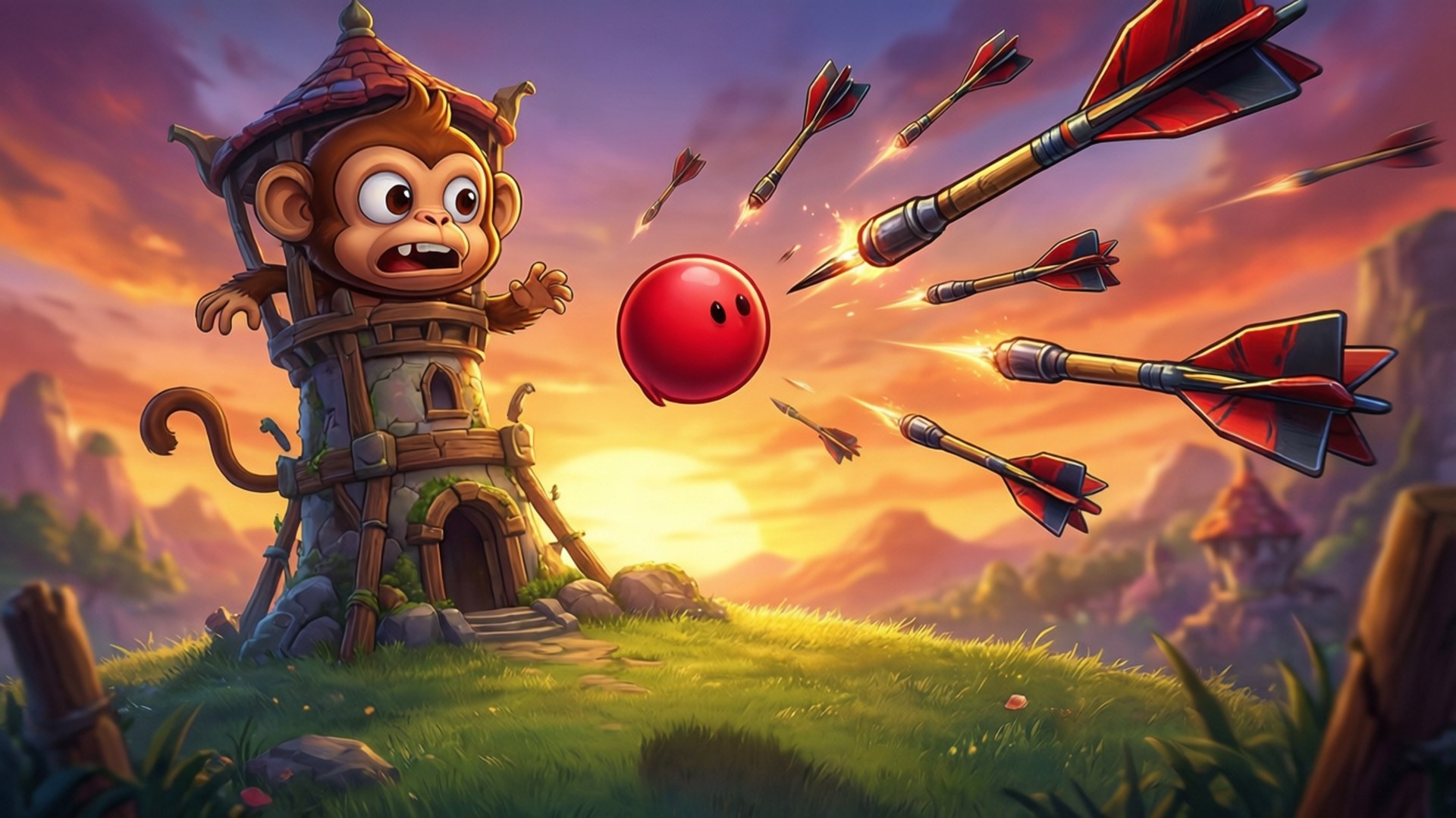 Bloons TD 6 桌布 壁紙 — 一隻卡通猴子在石塔中尖叫，火箭飛向夕陽天空中的紅色球體。