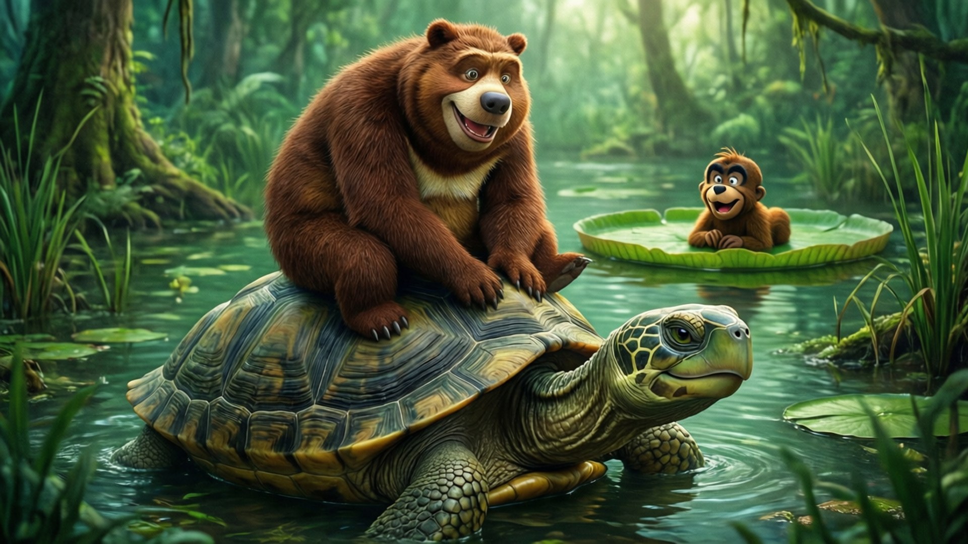 Yogi Bear 桌布 壁紙 — 一隻開心的卡通熊騎著一隻大龜穿過茂密的綠色沼澤，而一隻猴子從睡蓮葉上微笑。