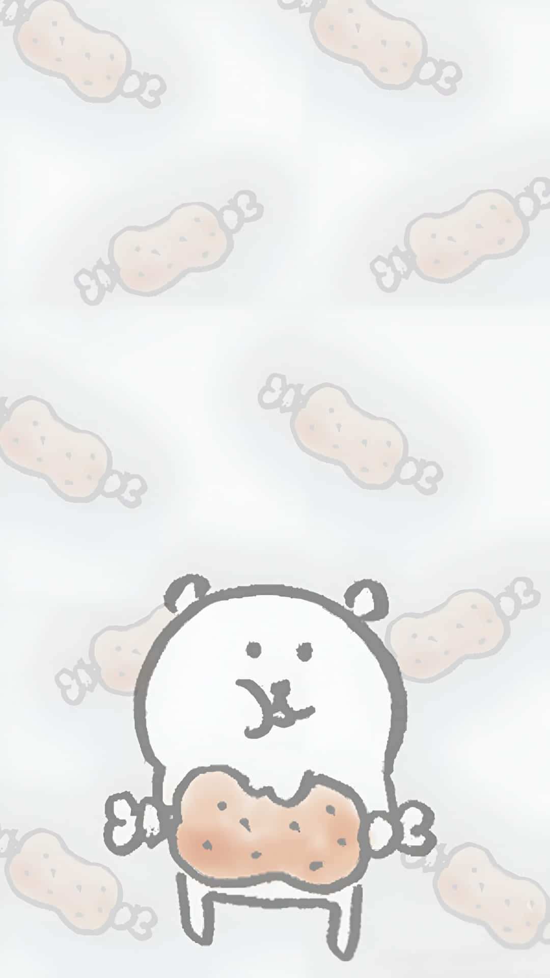  壁紙 — 一隻可愛的白色卡通熊在淺灰色背景上拿著花生，背景有重複的花生圖案。