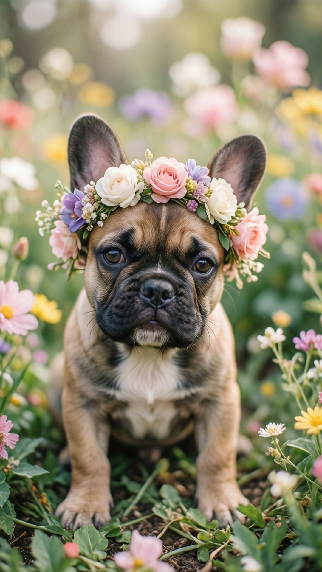一隻戴著花冠的法國鬥牛犬幼犬在野花田中。