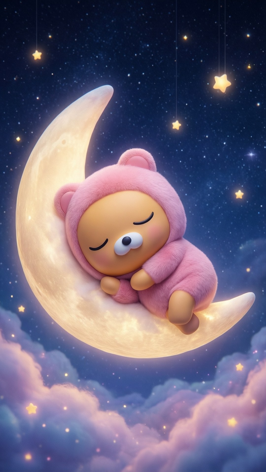 Apeach's Sweet Dream 壁紙 — 一隻可愛的粉紅色熊仔穿著毛絨連體衣，在繁星點點的夜空下，於發光的彎月上安然入睡，伴隨著柔軟的雲朵。