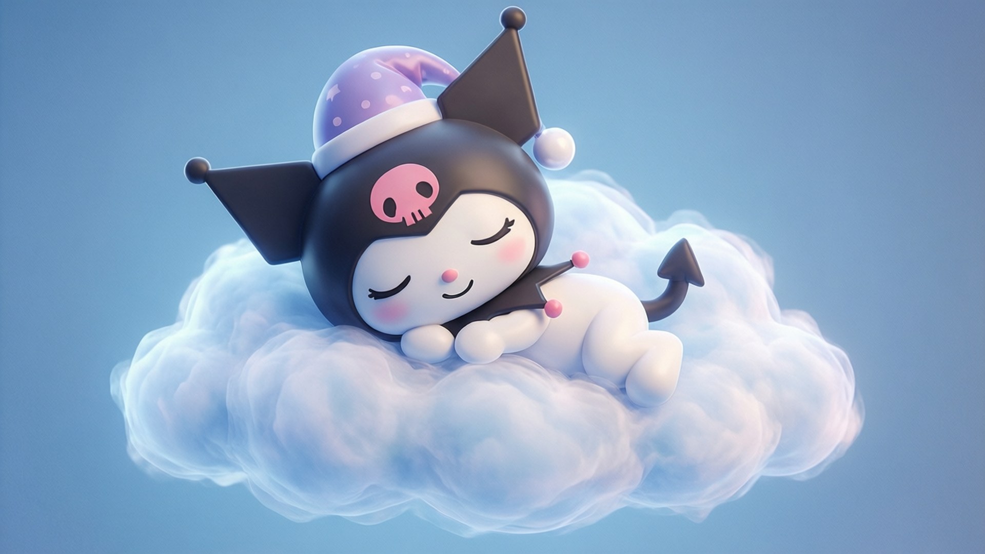 卡通貓戴著睡帽睡在雲上。