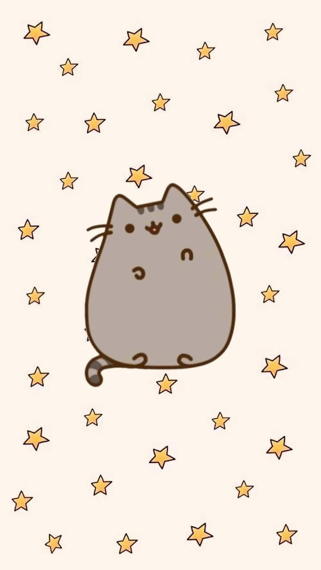 一隻灰色卡通貓咪被金色星星環繞在奶油色背景上。
