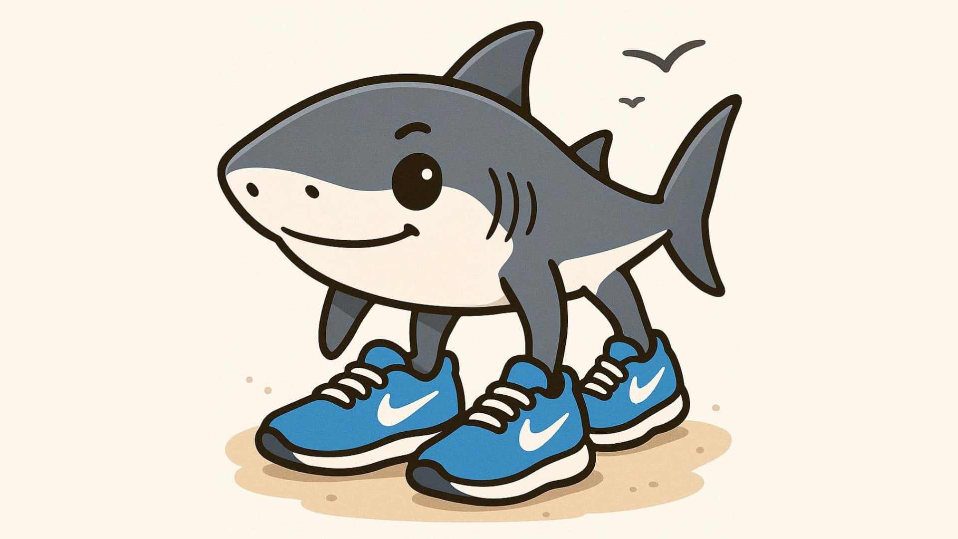  壁紙 — 一隻可愛的卡通鯊魚穿著藍色運動鞋站在沙地上，兩隻鳥在飛翔。