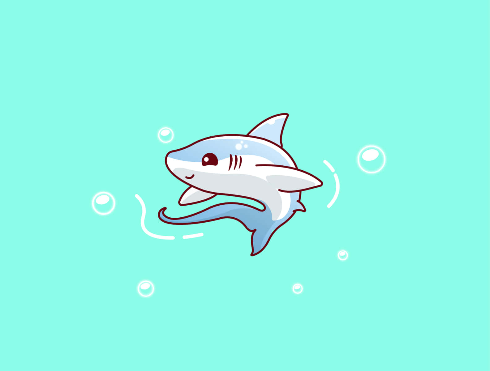  壁紙 — 一隻可愛的卡通鯊魚帶著開心的表情，在充滿氣泡的藍綠色水中嬉戲地游動。