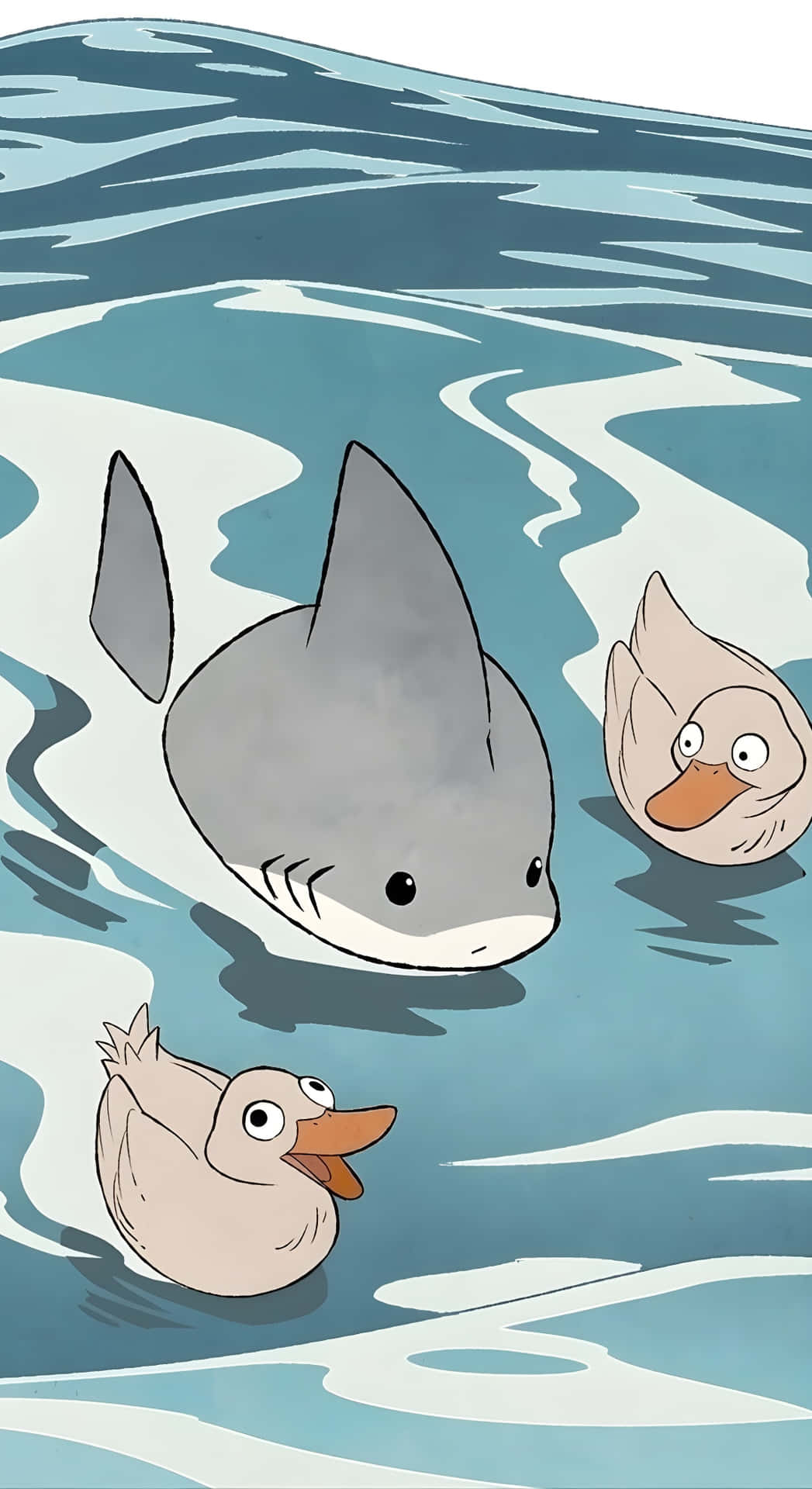  壁紙 — 一隻可愛的卡通鯊魚和兩隻鴨子在平靜的藍色水中一起游泳，水面有輕柔的漣漪。