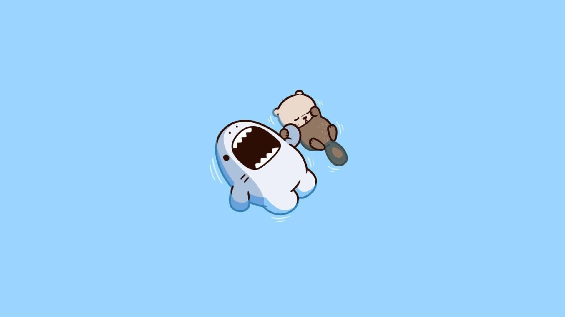  壁紙 — 一隻可愛的卡通鯊魚張大嘴巴，抱著一隻小棕色泰迪熊，背景是純淺藍色。