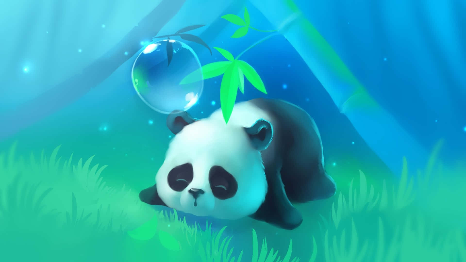 傷心可愛卡通熊貓 壁紙 — 一隻可愛的卡通熊貓在藍天下發光的綠色草地上平靜地休息，周圍有漂浮的竹子和一個泡泡。