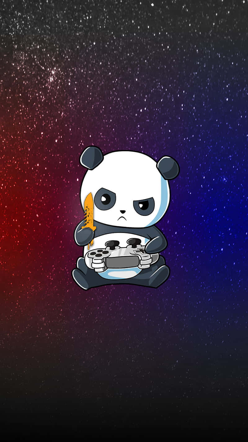 罕見熊貓玩遊戲 壁紙 — 一隻可愛的卡通熊貓，皺著眉頭，在充滿活力的宇宙星空漸變背景前拿著遊戲控制器。