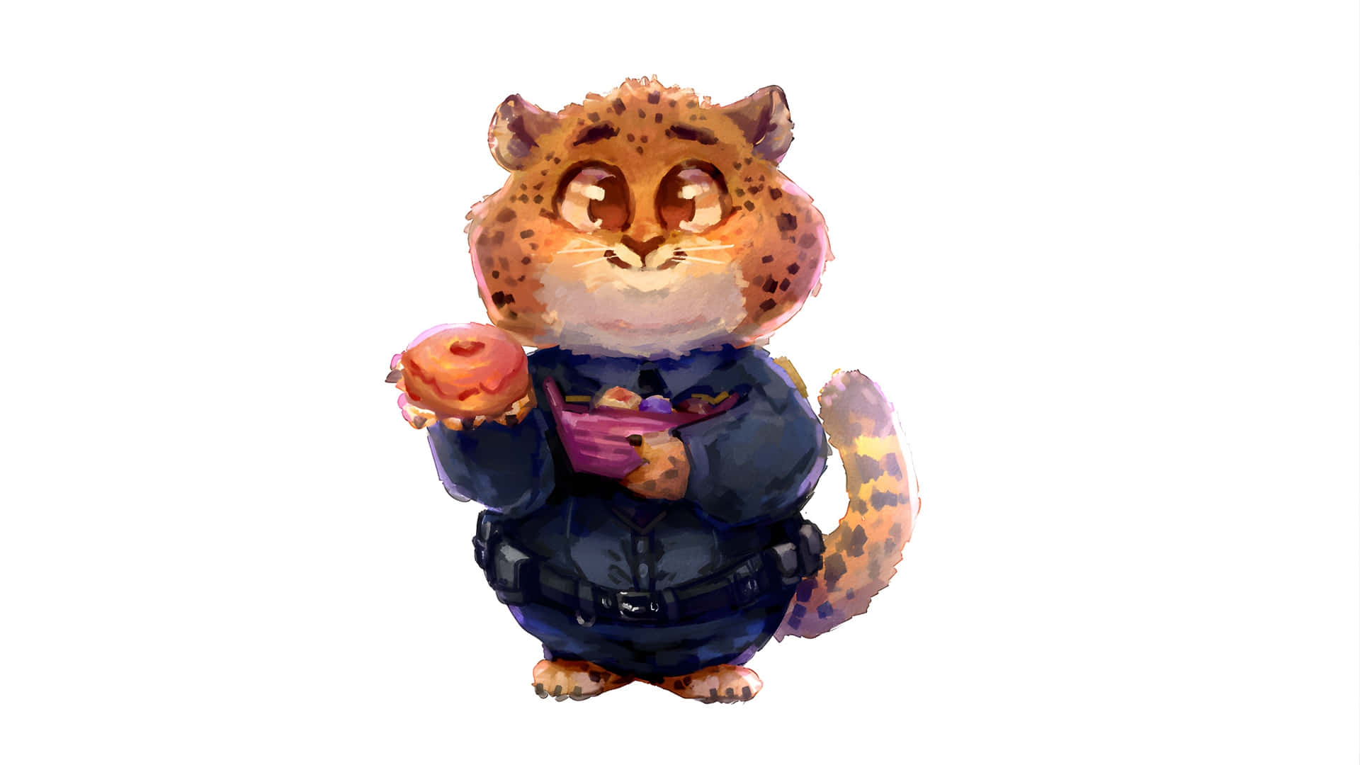  壁紙 — 一隻可愛的水彩風格卡通豹穿著警察制服，拿著一個冬甩和一袋零食。