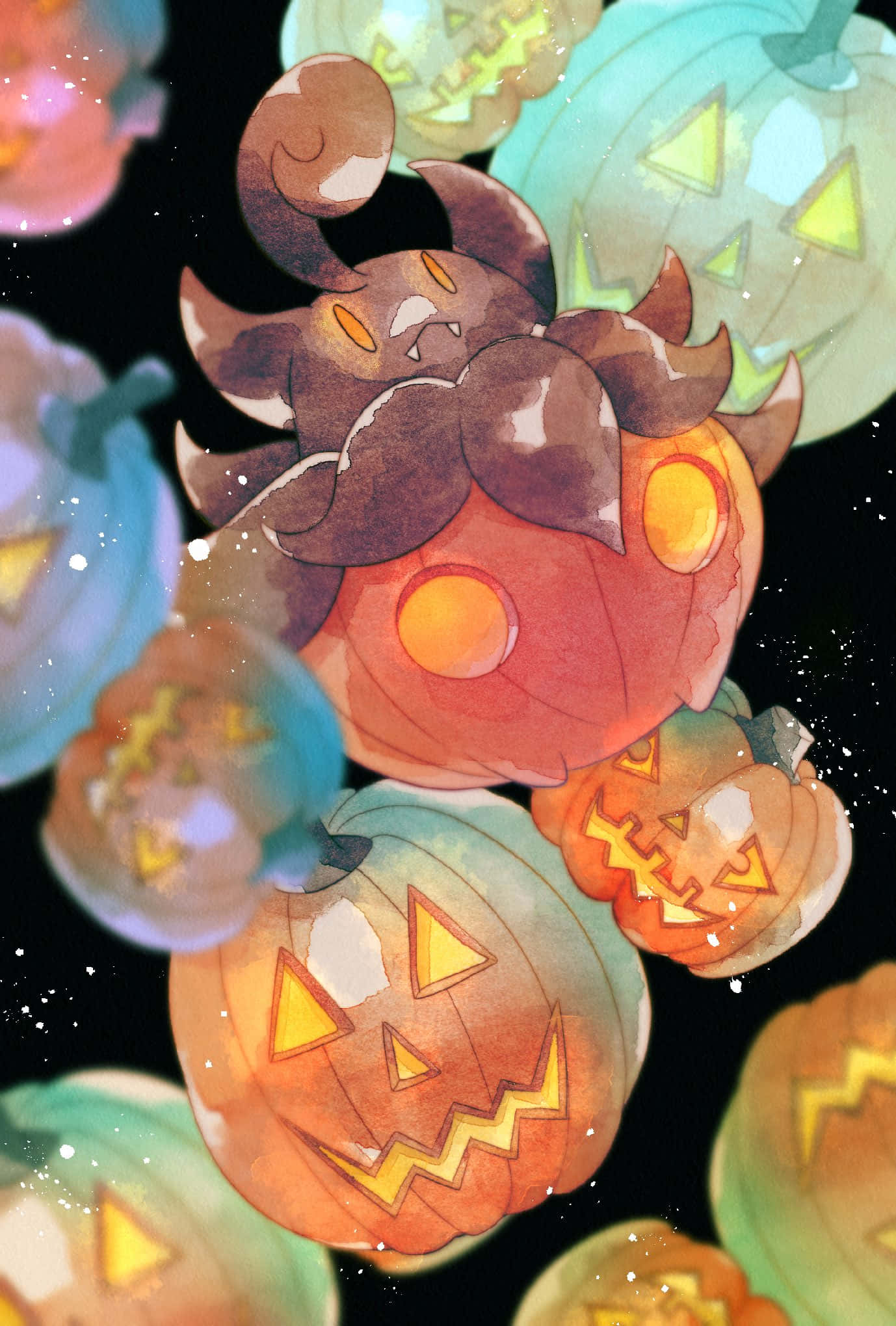 Pokemon 桌布 壁紙 — 一隻可愛的水彩風格貓咪，眼睛發光，在繁星點點的夜空背景下漂浮在色彩繽紛的南瓜燈之間。