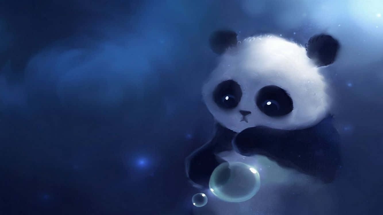  壁紙 — 一隻可愛的熊貓在夢幻般的藍色星雲中輕輕漂浮，手持一個發光的泡泡，周圍環繞著柔和星光。