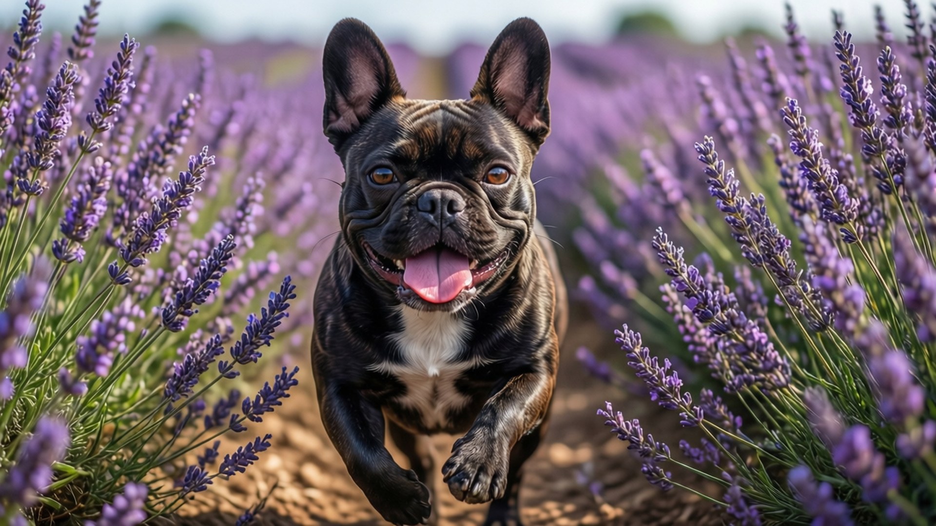 Frenchie 桌布 壁紙 — 一隻快樂的黑色法國鬥牛犬在陽光明媚的紫色薰衣草花田中跳躍。