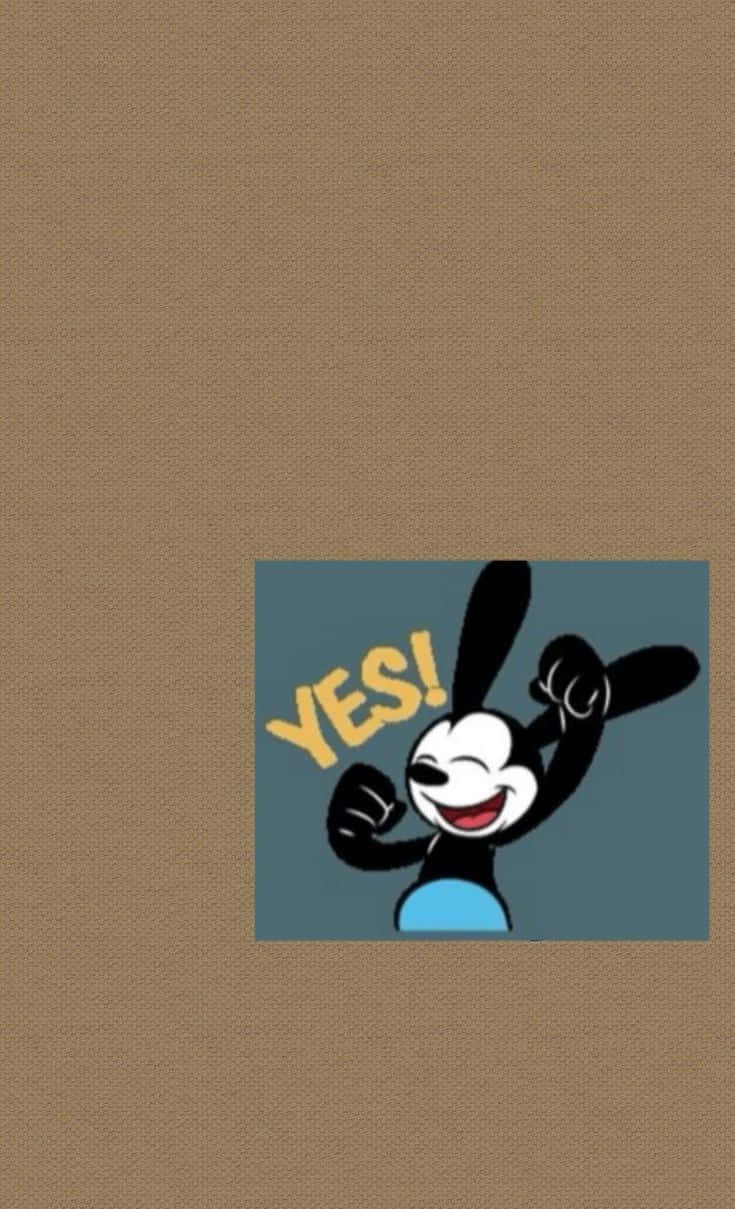  壁紙 — 一隻快樂的卡通兔舉起拳頭，帶著「YES！」對話框，在紋理棕色背景上微笑。