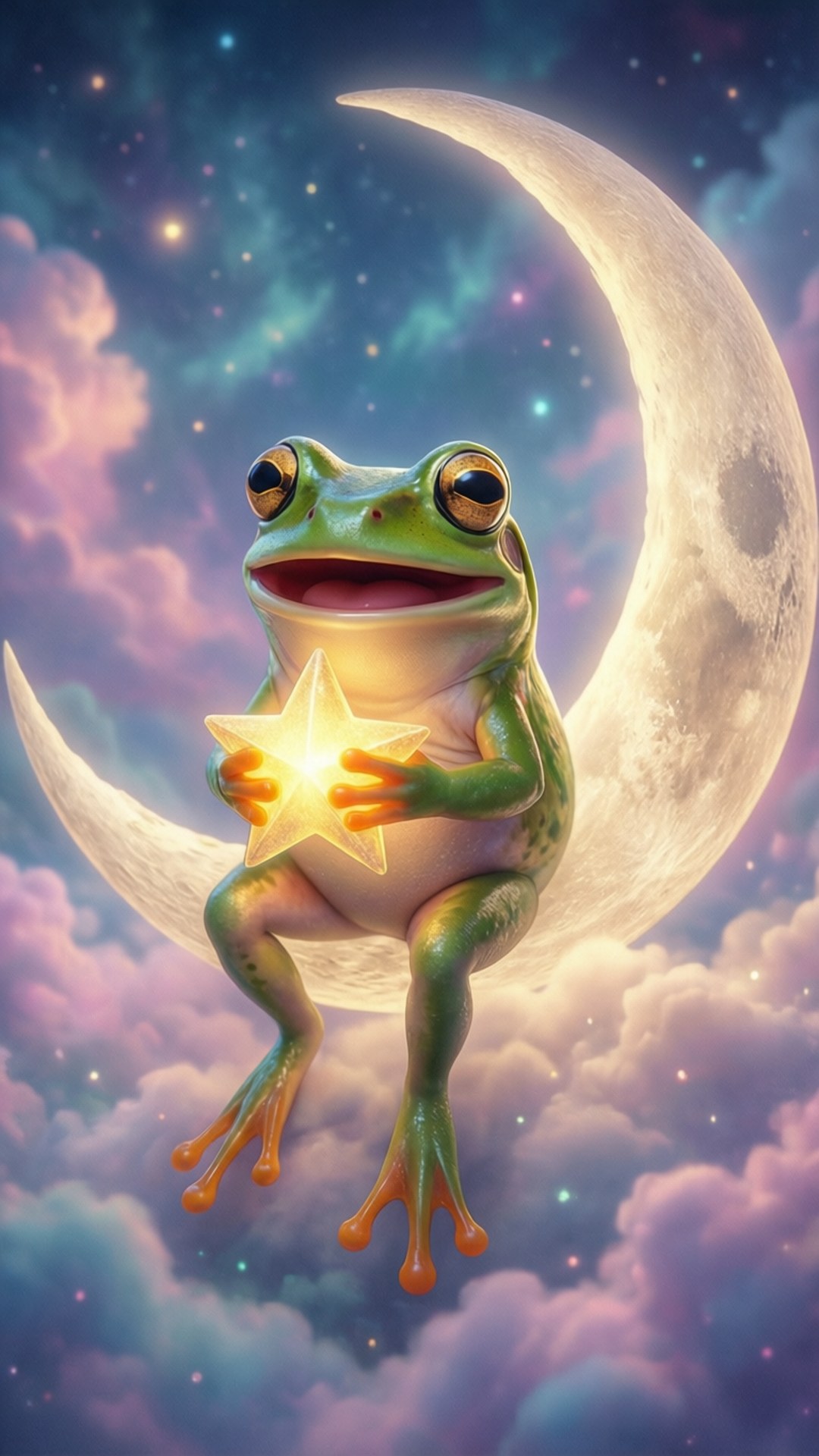 一隻微笑的青蛙在星空中坐在新月上，拿著一顆發光的星星。