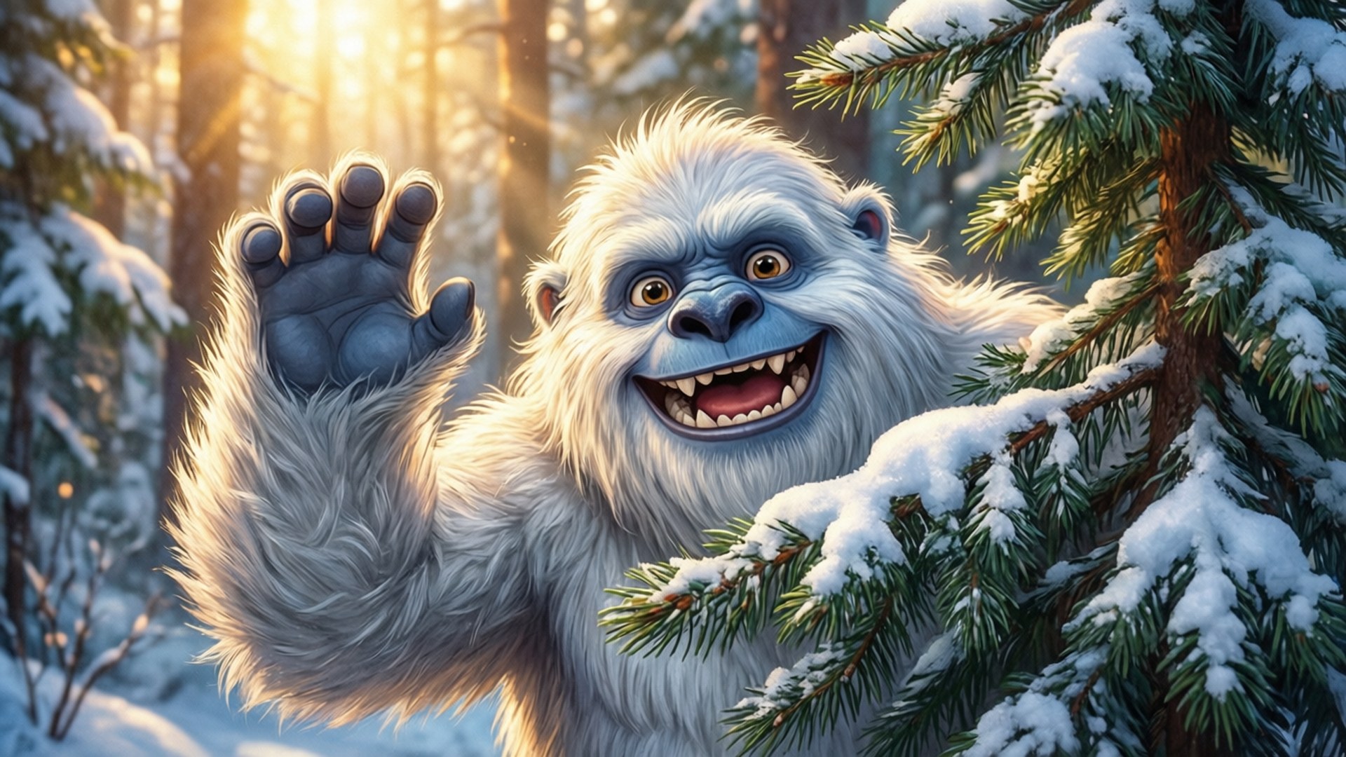 The Abominable Snowman 桌布 壁紙 — 一隻快樂的雪人版大腳怪在冬日森林中，從白雪覆蓋的松樹後揮手，沐浴在金色的陽光下。