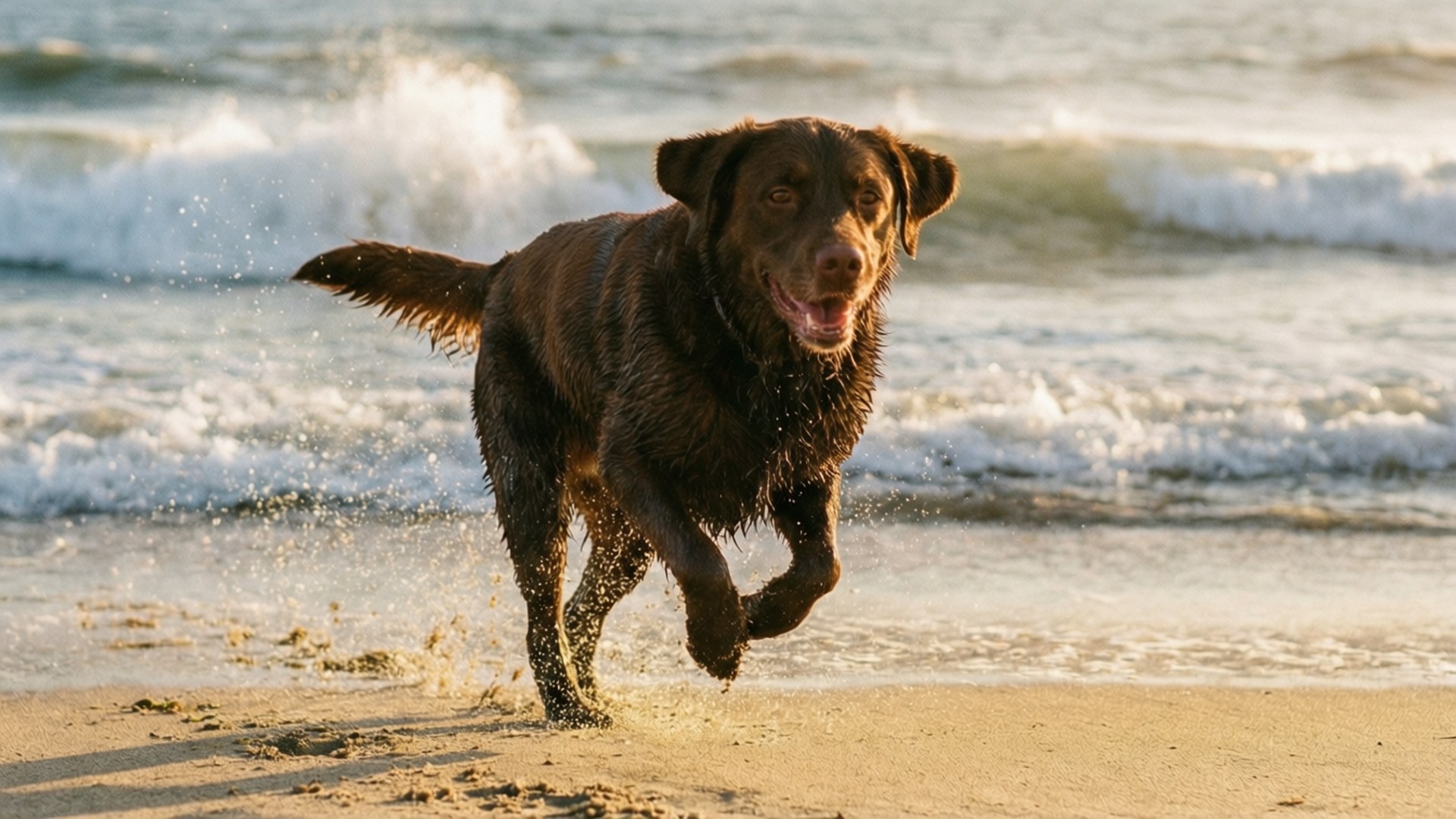 朱古力拉布拉多犬在陽光明媚的海灘上跑過海浪。