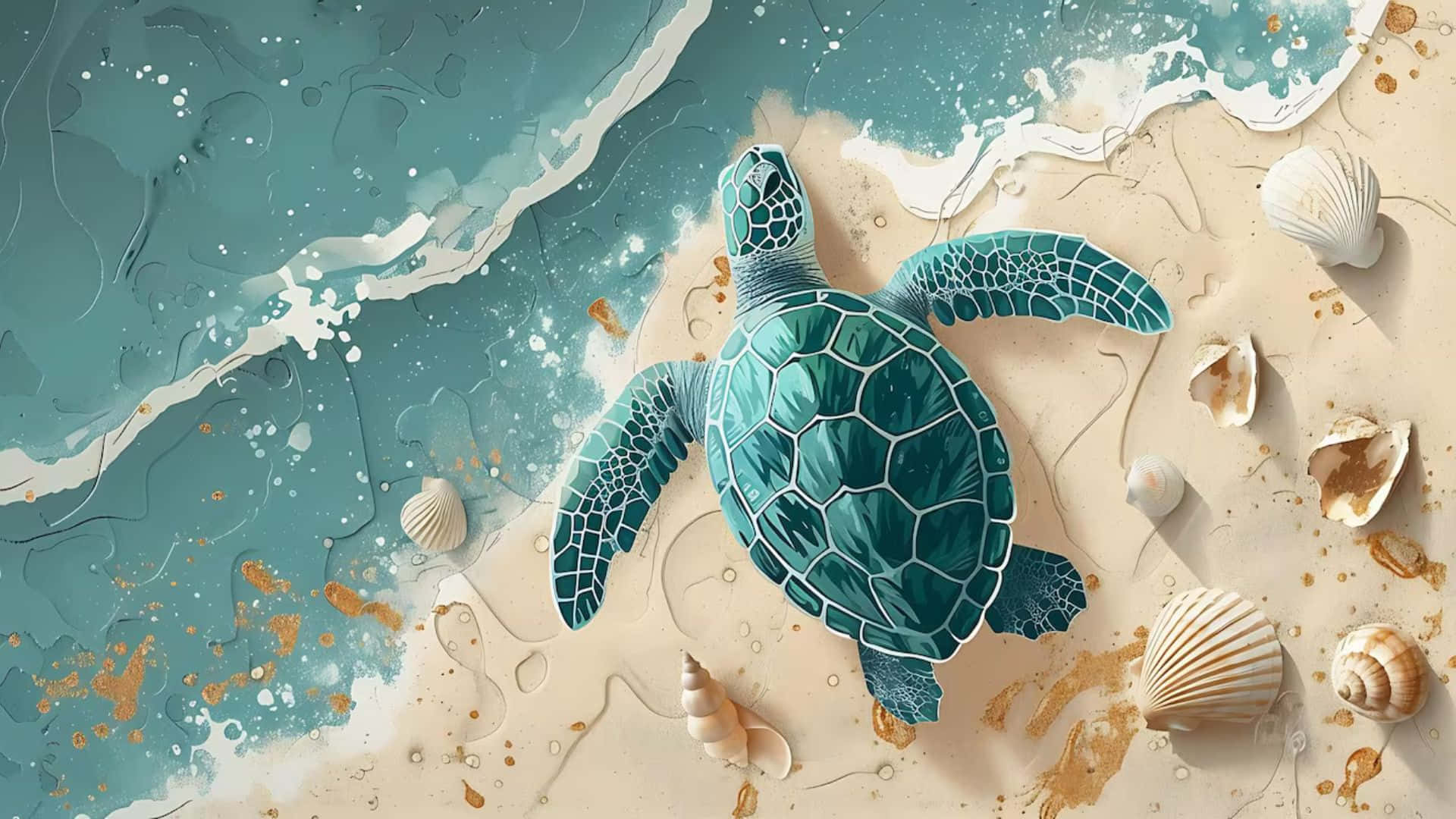  壁紙 — 一隻藍綠色海龜在沙灘上休息，旁邊有藍綠色波浪和散落的貝殼。