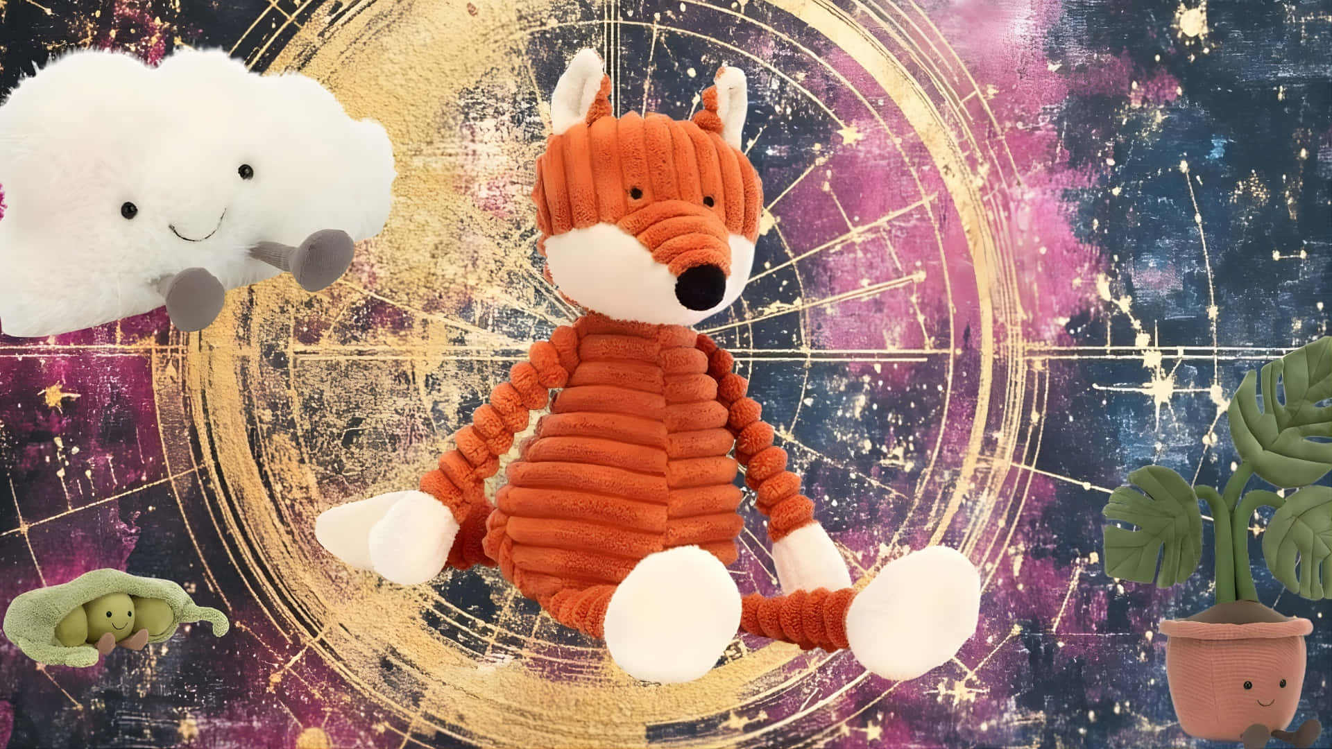  壁紙 — 一隻毛絨的橙色狐狸坐在宇宙背景中央，周圍有微笑的雲朵和植物毛絨玩具。