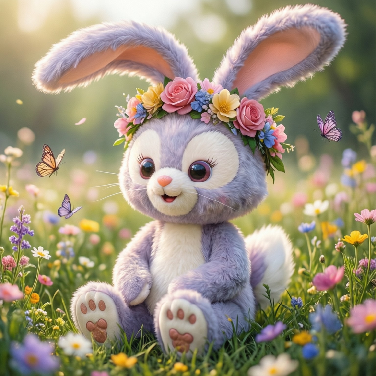 Lola Bunny 桌布 壁紙 — 一隻毛茸茸的紫色兔子戴著花冠，在陽光明媚的草地上快樂地坐著，周圍有蝴蝶和色彩繽紛的野花。