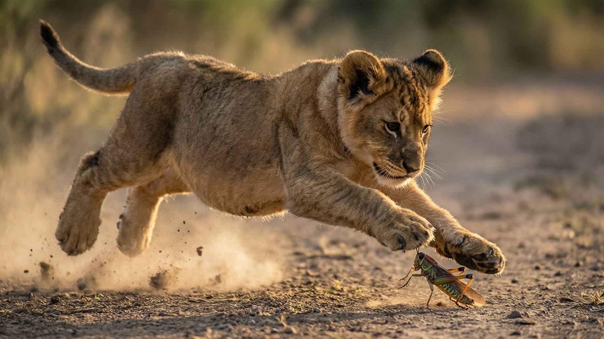 Lion Cub 桌布 壁紙 — 一隻年幼的獅子幼崽在金色的陽光下，以專注的強度躍起，撲向一隻蚱蜢。