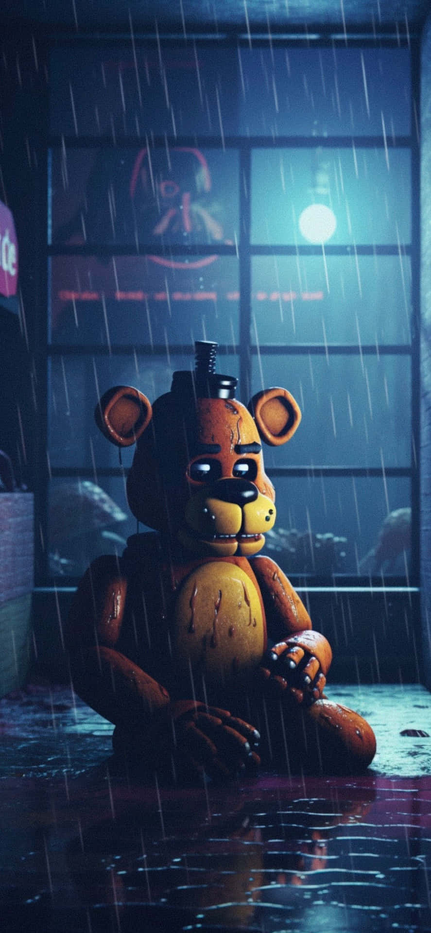  壁紙 — 一隻破舊的電子熊獨自坐在雨中，頭頂燈光閃爍，背後有發光的招牌。