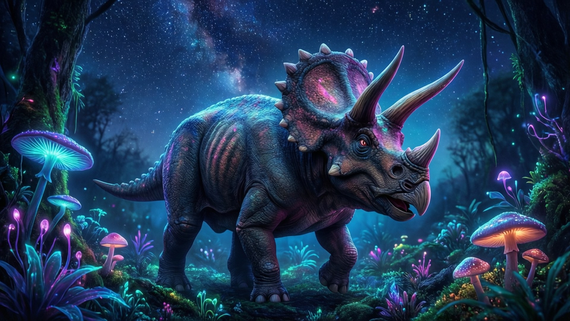 Triceratops 桌布 壁紙 — 一隻三角龍站在發光的魔法森林中，星空下，有生物發光的蘑菇。