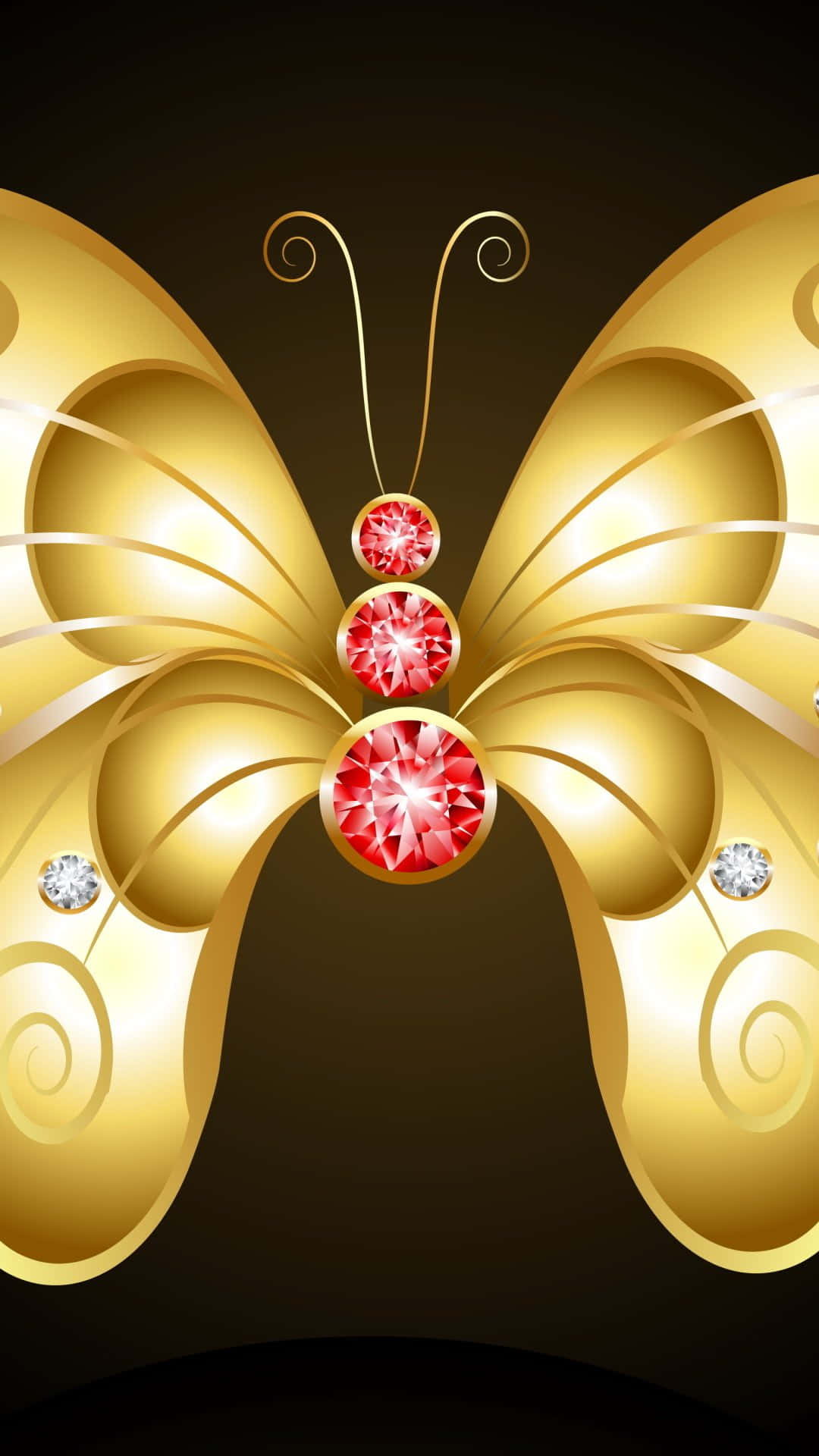 金色蝴蝶配紅寶石和鑽石，深色背景 — 唯美蝴蝶動圖 壁紙