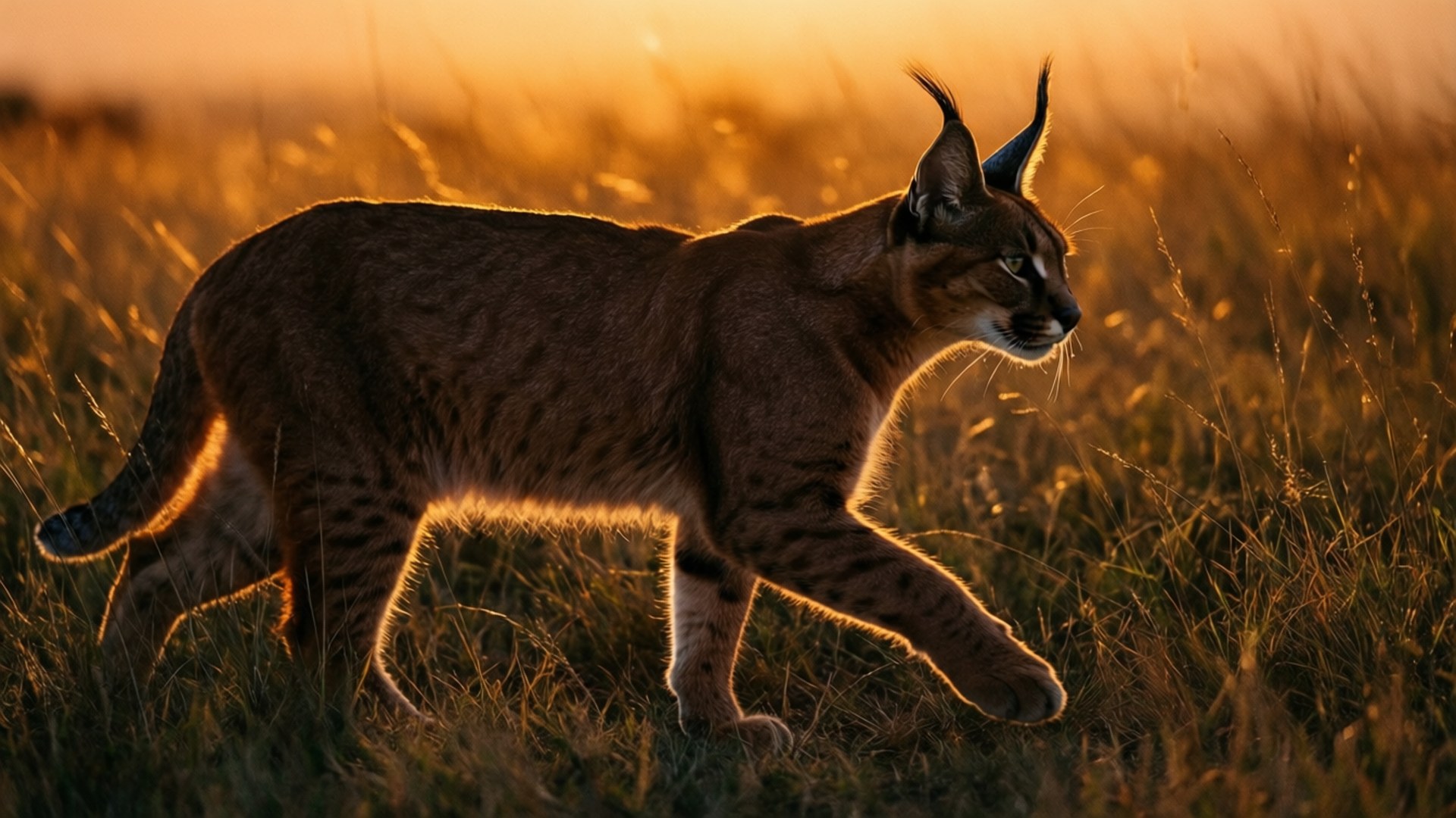 Caracal 桌布 壁紙 — 一隻猞猁在日落時優雅地穿過金色草地，溫暖的逆光突顯其毛皮和尖耳朵。