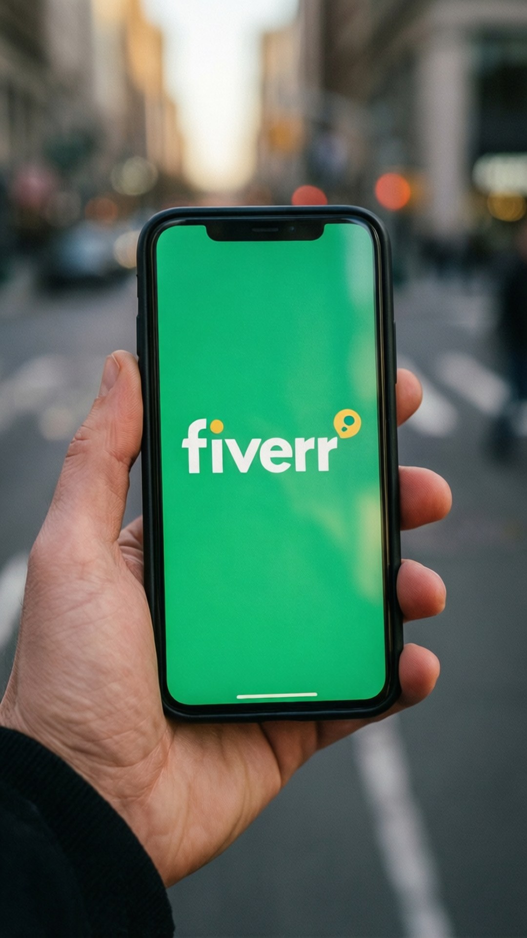 手拿著手機，在城巿中顯示Fiverr應用程式標誌在綠色屏幕上。