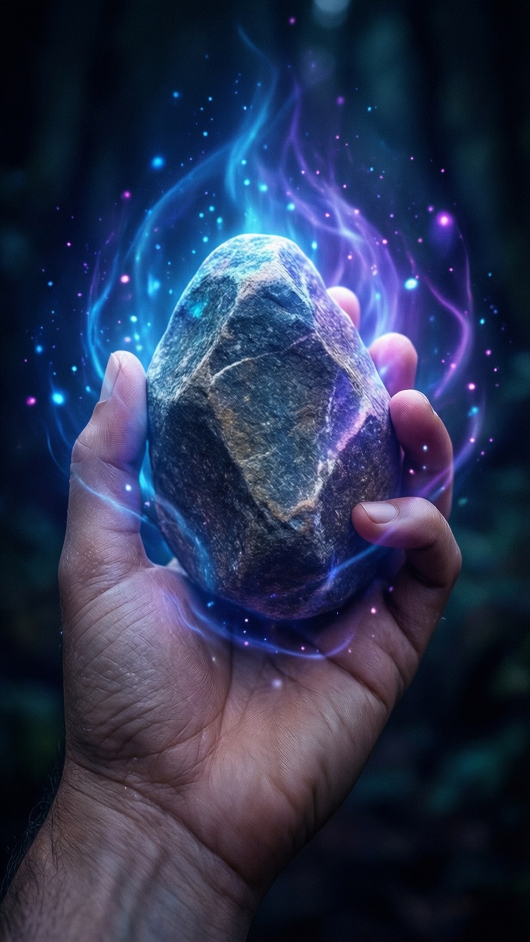 Glowing Rock Aura 壁紙 — 一隻手捧著一顆發光的魔法石，在黑暗的森林中散發出鮮豔的藍色和紫色能量火花。