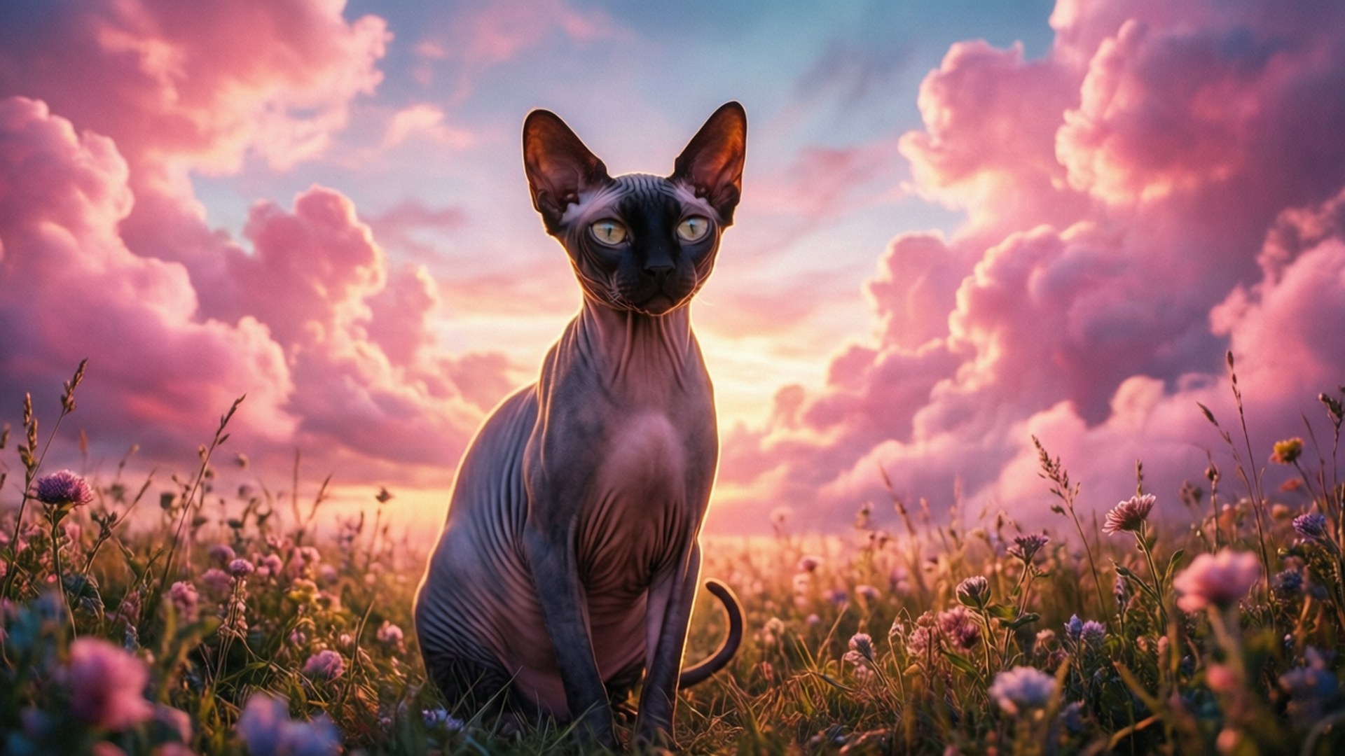 Sphynx 桌布 壁紙 — 一隻無毛的斯芬克斯貓在戲劇性的粉紅色和橙色日落天空下，威嚴地坐在野花田中。